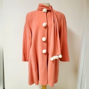 Vintage 80s Coral Pink Pompom Wool Blend Winter Coat with Inset Scarf